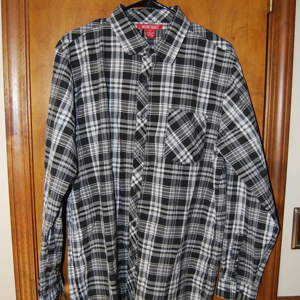 MENS MONTAGE BLACK AND WHITE PLAID LONG SLEEVE BUTTON DOWN SHIRT SIZE XL